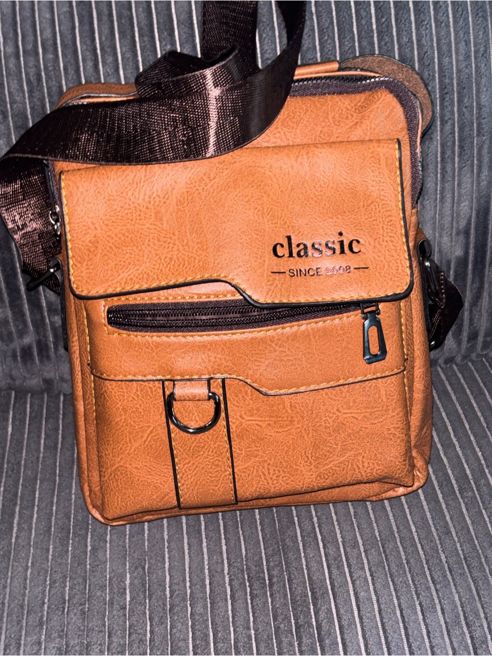 Classic Men's Messenger Bag in Tan with Black Strap